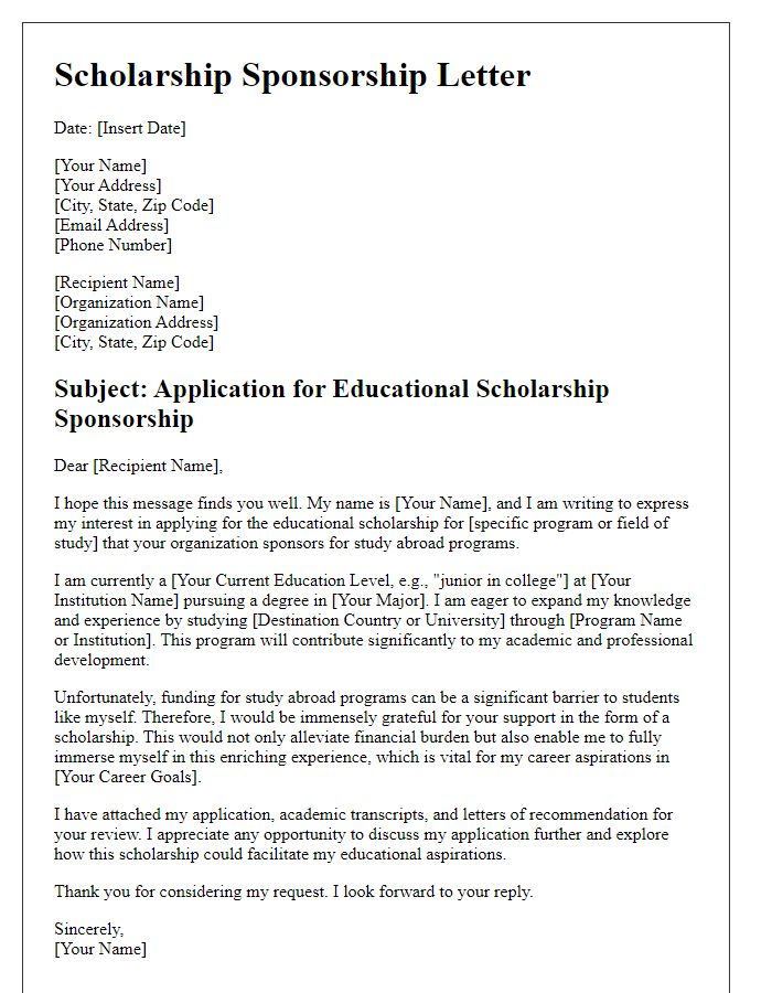 Letter template of educational scholarship sponsorship correspondence for study abroad programs.