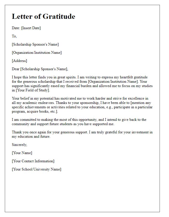 Letter template of educational scholarship sponsorship expression of gratitude for support.