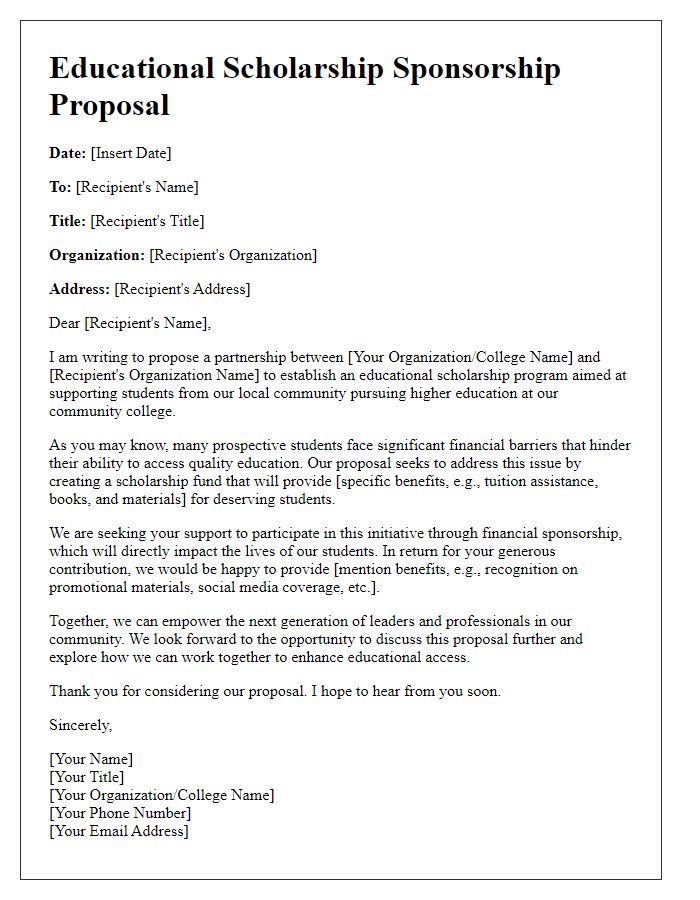 Letter template of educational scholarship sponsorship proposal for community college.