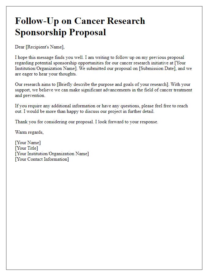 Letter template of follow-up on cancer research sponsorship proposals