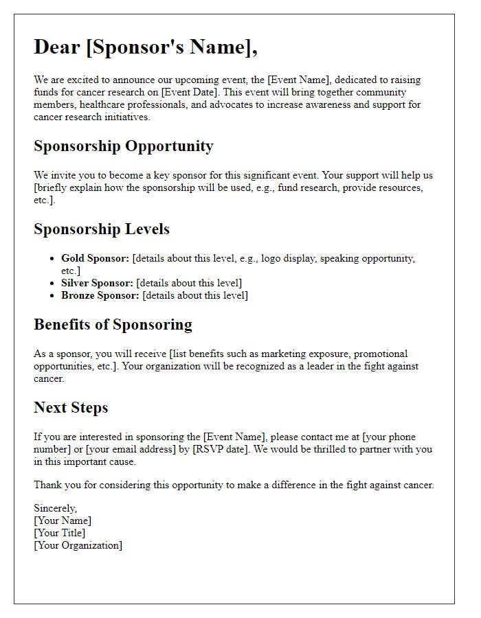 Letter template of sponsorship outline for cancer research events