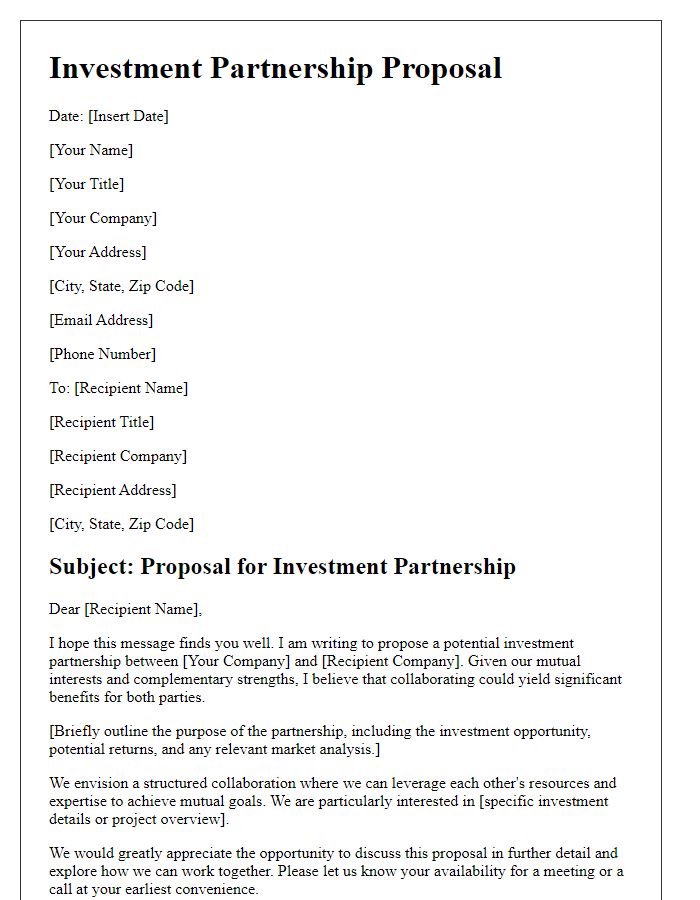 Letter template of investment partnership proposal.