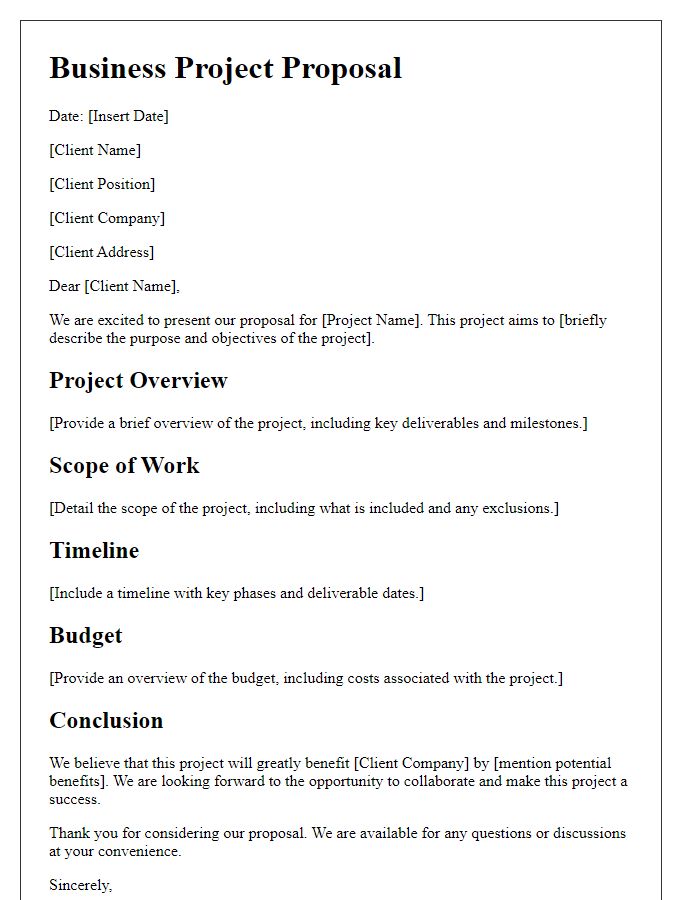 Letter template of business project proposal for client presentation