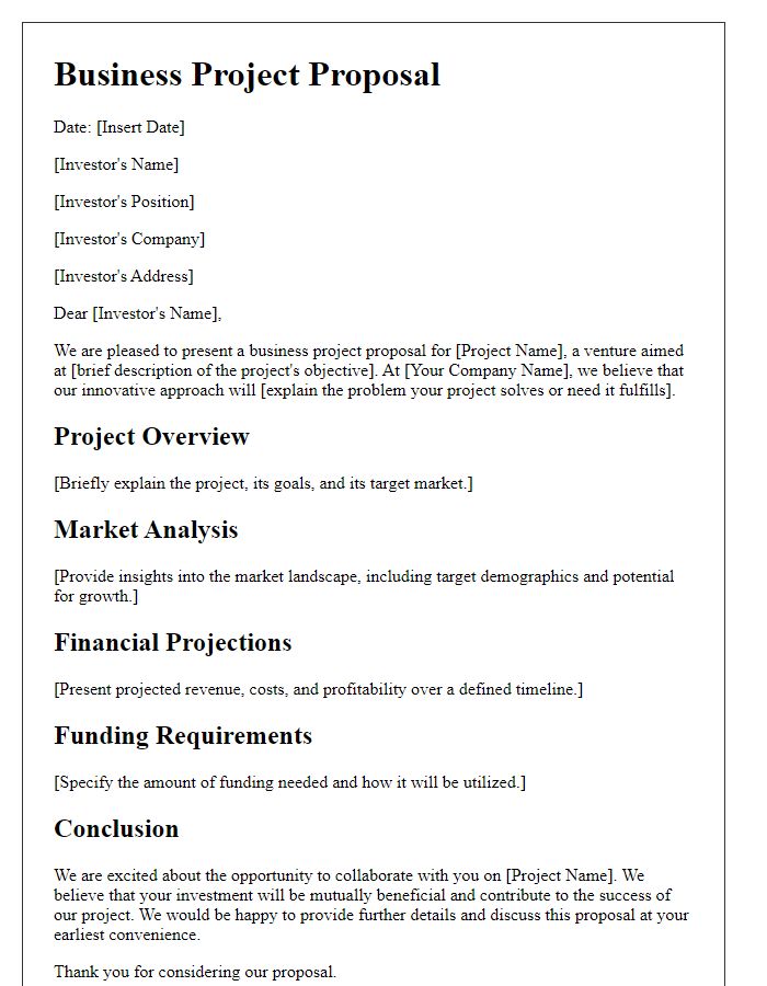 Letter template of business project proposal for investor pitch