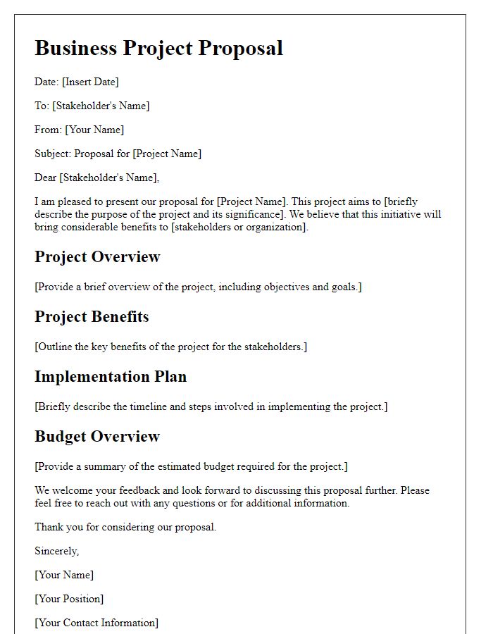 Letter template of business project proposal for stakeholder review