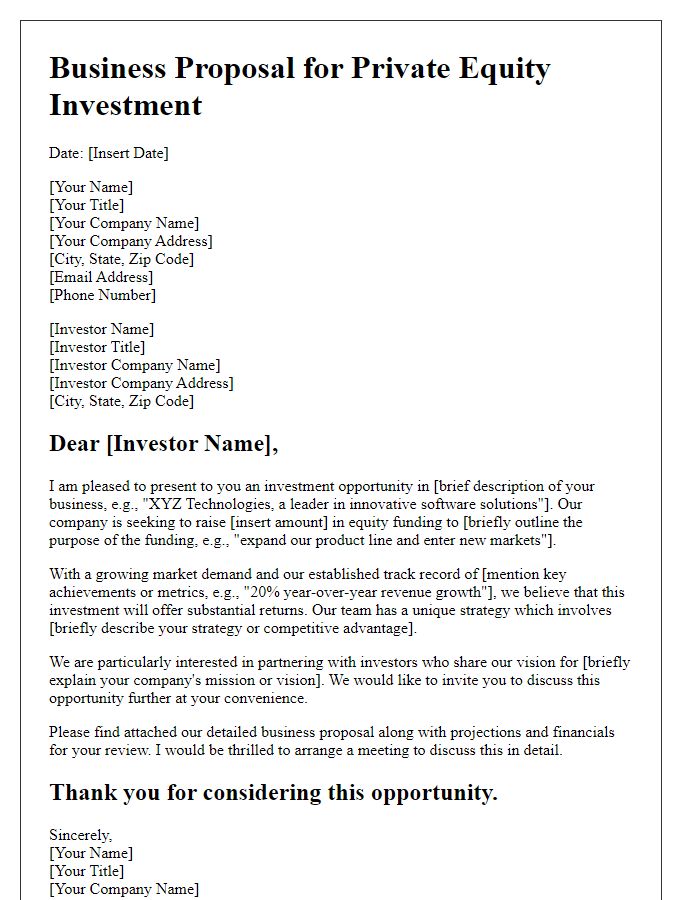 Letter template of business proposal for private equity investors