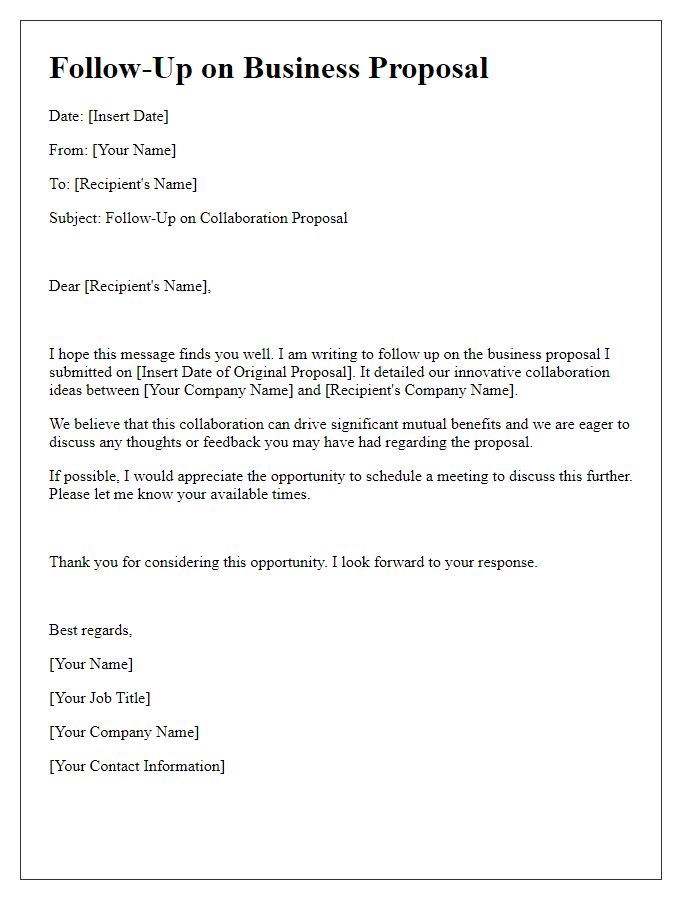 Letter template of business proposal follow-up for collaborative ventures