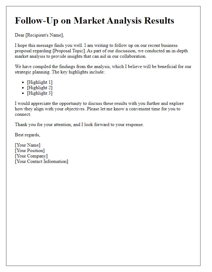 Letter template of business proposal follow-up for market analysis results