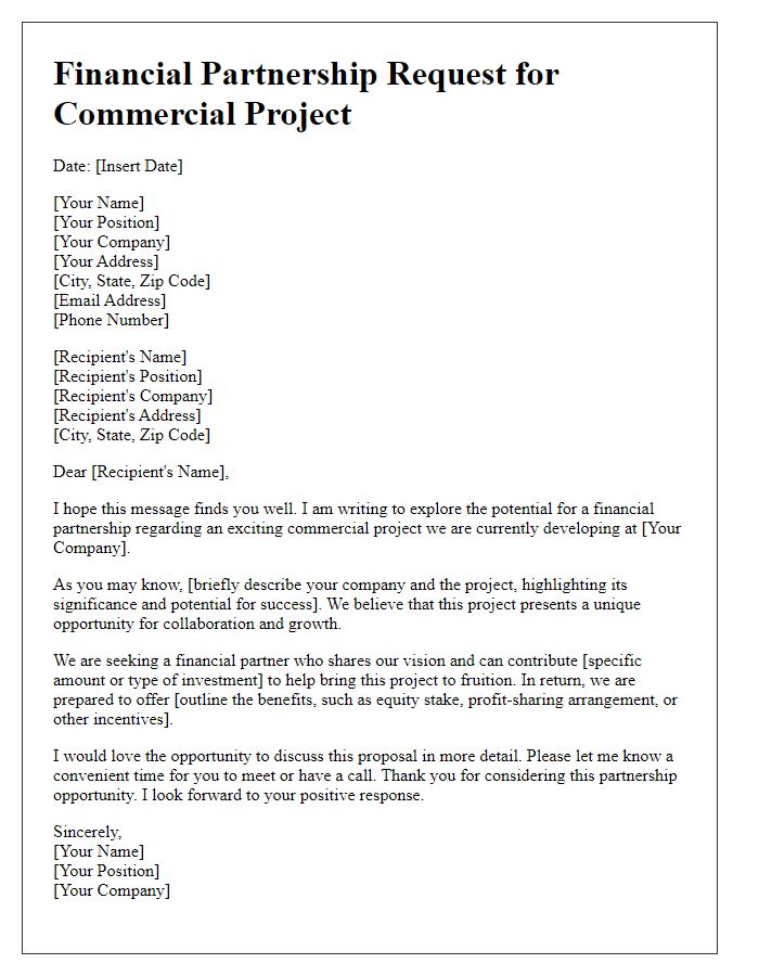 Letter template of financial partnership request for commercial project