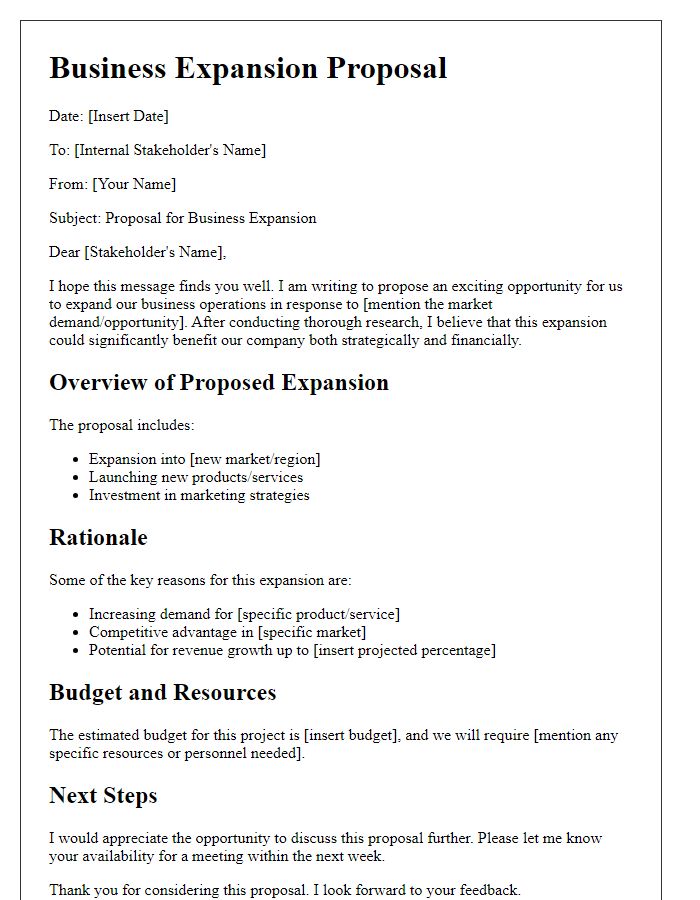 Letter template of business expansion proposal for internal stakeholders