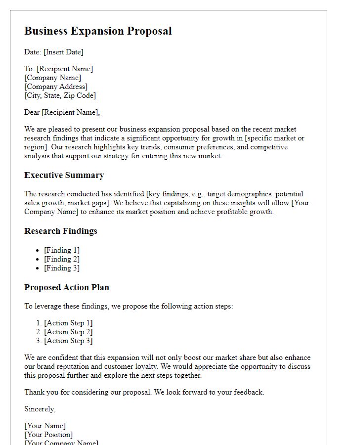 Letter template of business expansion proposal for market research findings