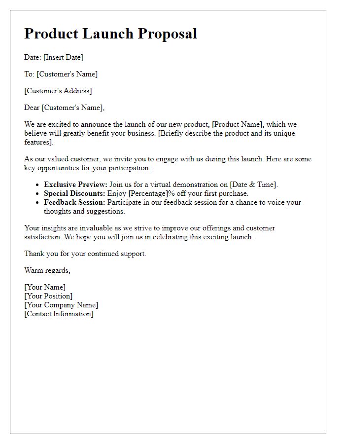 Letter template of product launch proposal for customer engagement