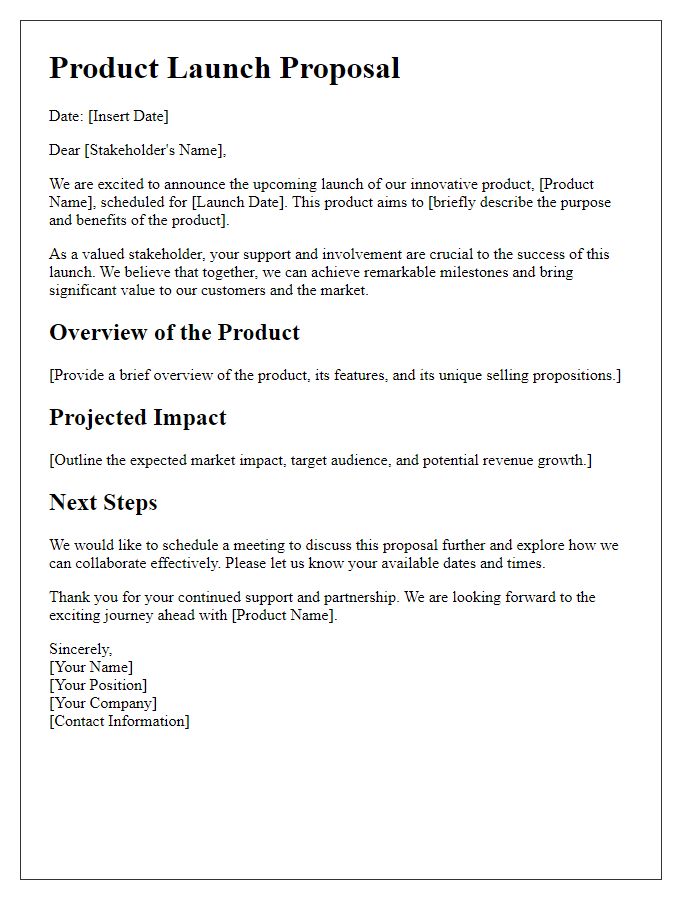 Letter template of product launch proposal to stakeholders