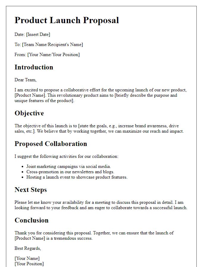 Letter template of product launch proposal for team collaboration