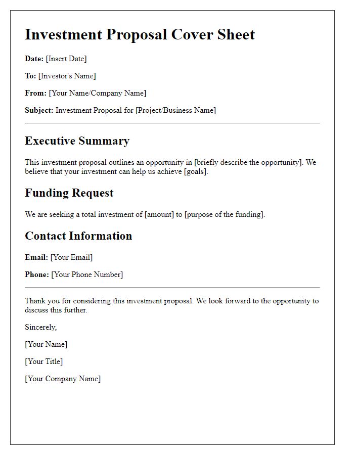 Letter template of investment proposal cover sheet