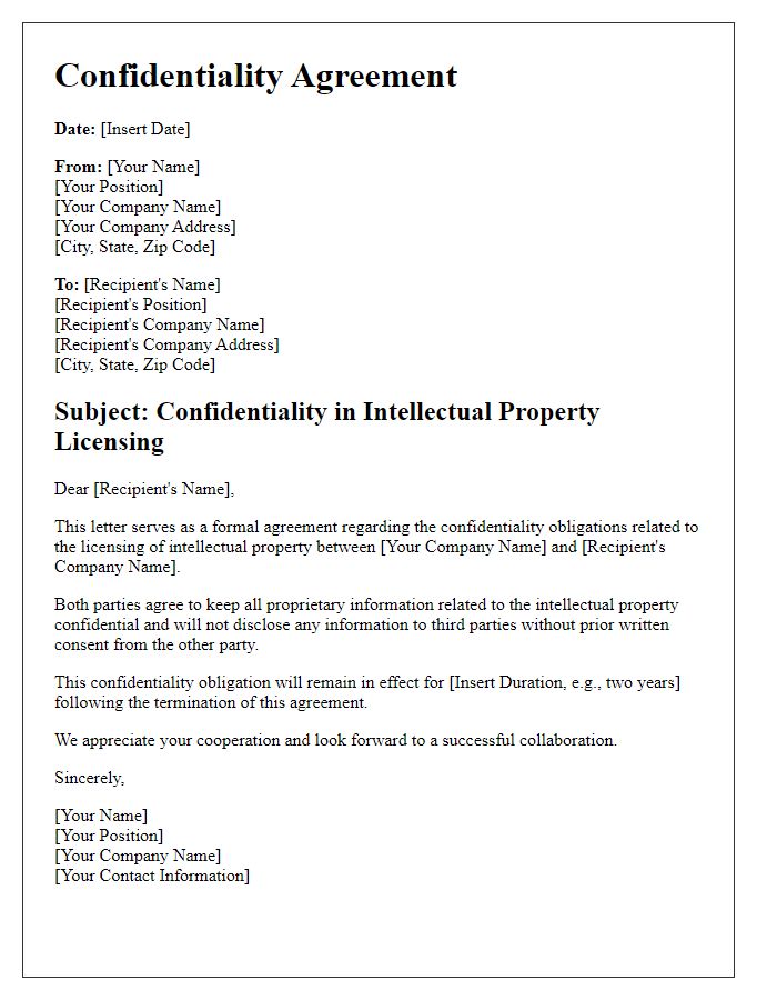 Letter template of Confidentiality in Intellectual Property Licensing