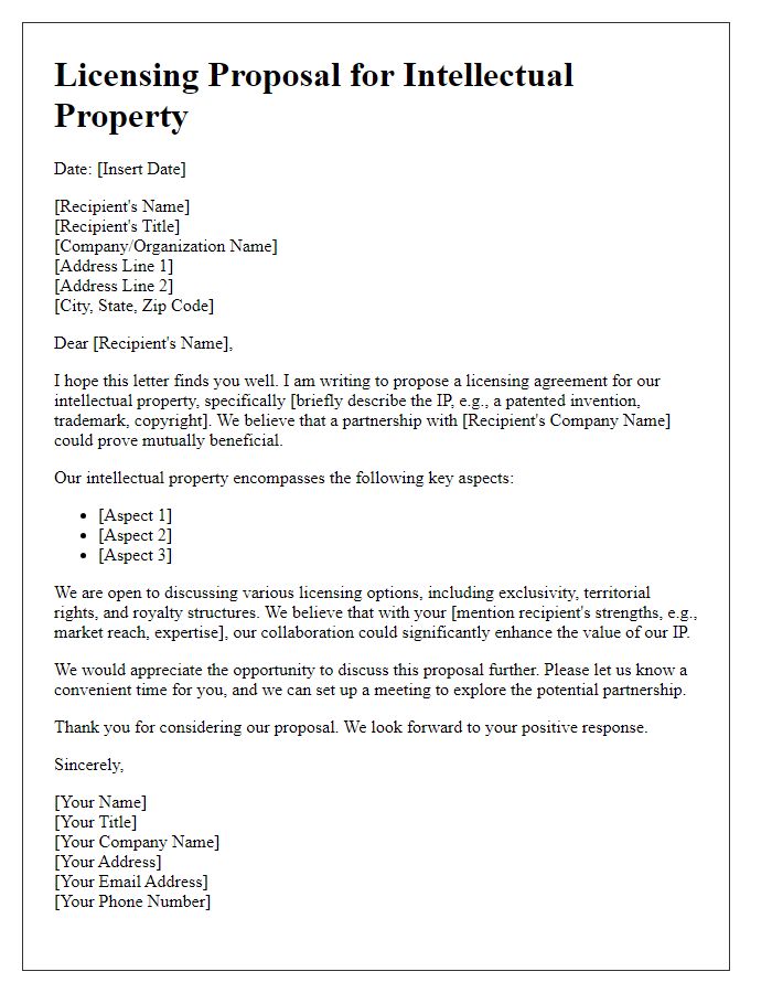 Letter template of Licensing Proposal for Intellectual Property