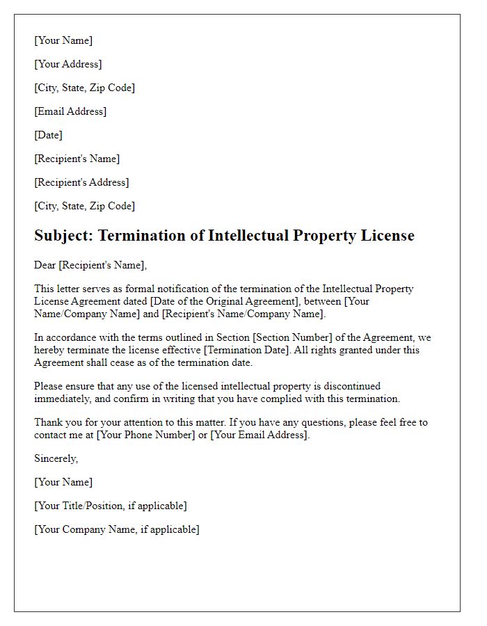 Letter template of Termination of Intellectual Property License