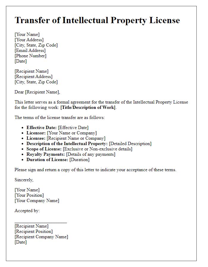 Letter template of Transfer of Intellectual Property License