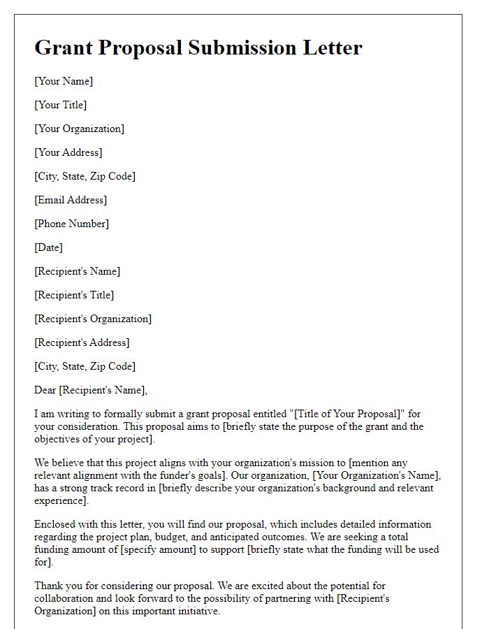 Letter template of formal grant proposal submission.