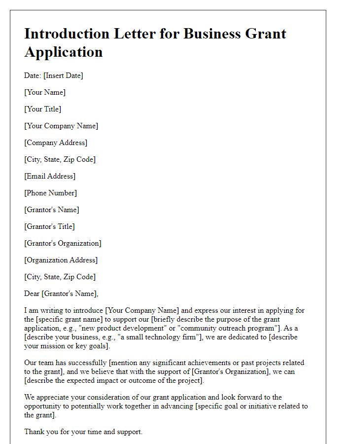 Letter template of introduction for business grant application.