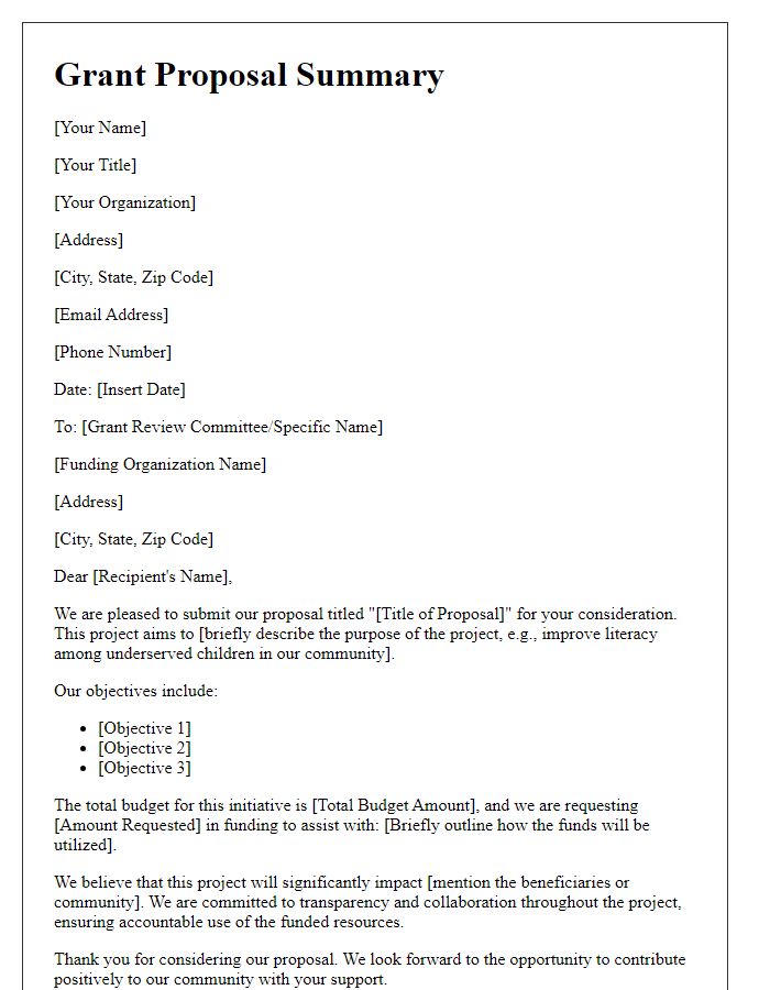 Letter template of proposal summary for grant submission.