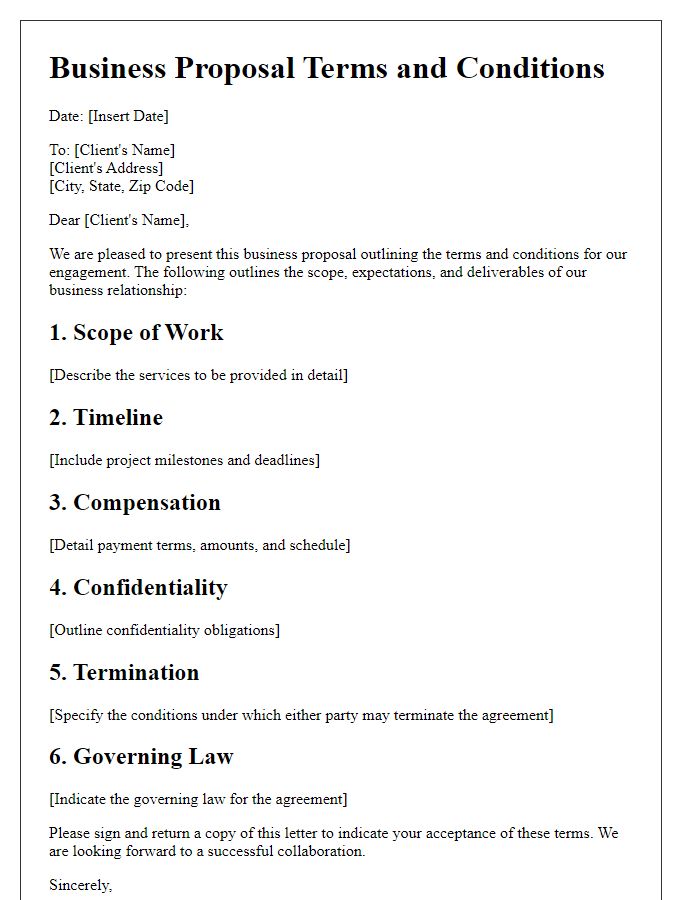 Letter template of business proposal terms and conditions for client engagement.