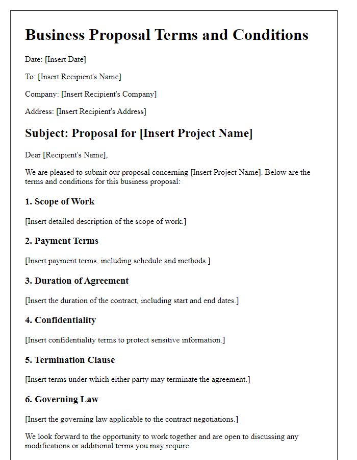 Letter template of business proposal terms and conditions for contract negotiations.