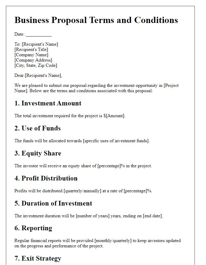 Letter template of business proposal terms and conditions for investment opportunities.