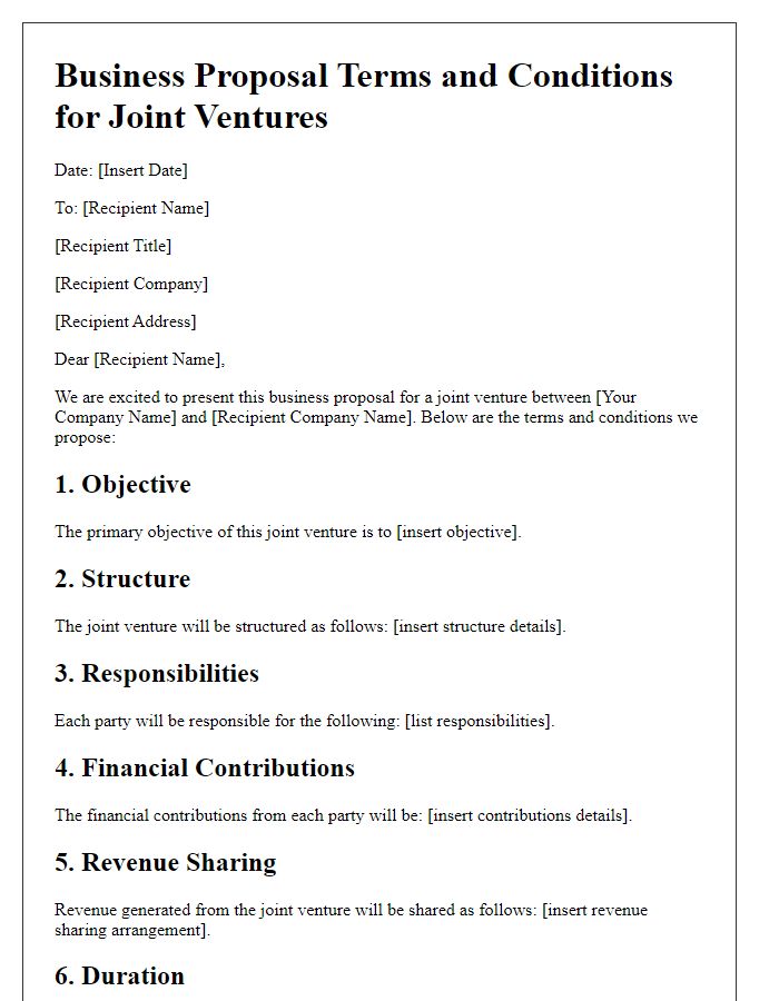 Letter template of business proposal terms and conditions for joint ventures.