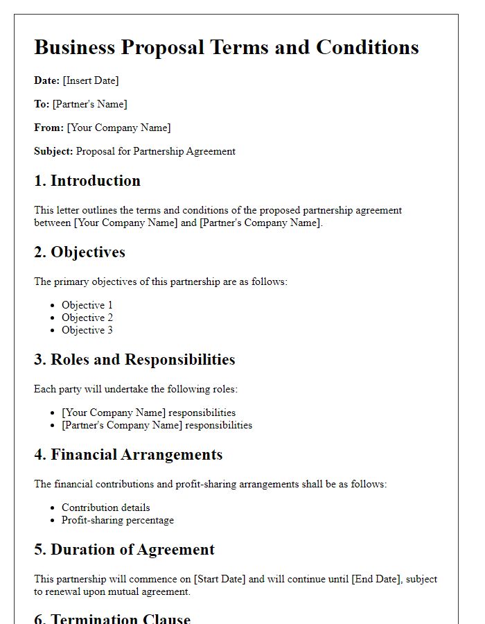 Letter template of business proposal terms and conditions for partnership agreements.