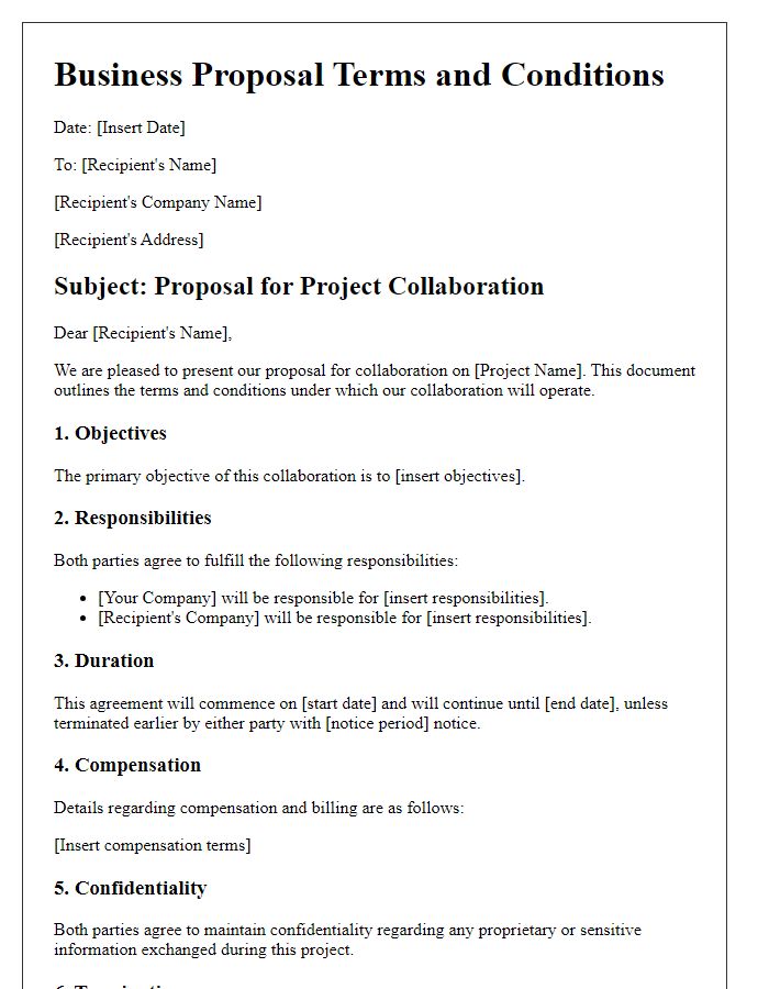 Letter template of business proposal terms and conditions for project collaboration.