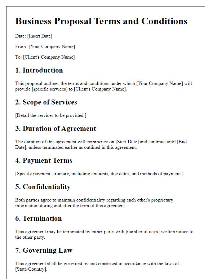 Letter template of business proposal terms and conditions for service agreements.