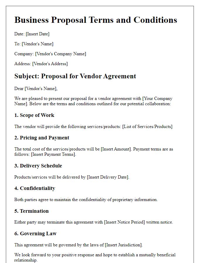 Letter template of business proposal terms and conditions for vendor agreements.