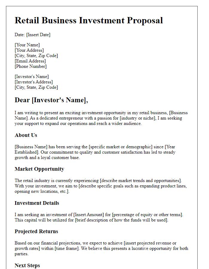 Letter template of retail business investment proposal.