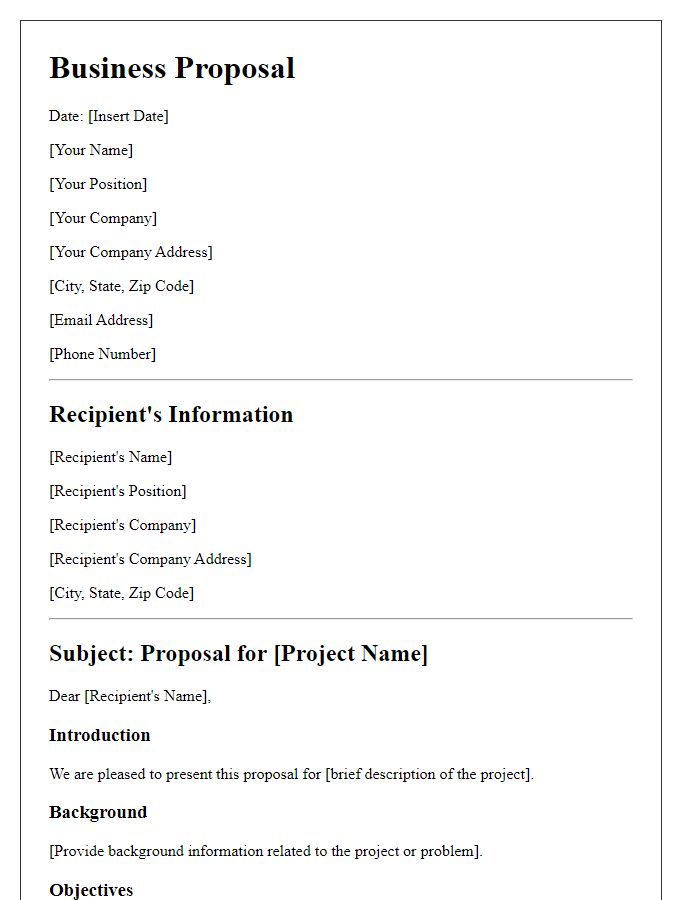 Letter template of a formal business proposal outline