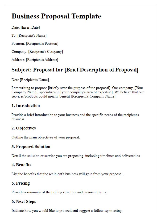 Letter template of a targeted business proposal outline