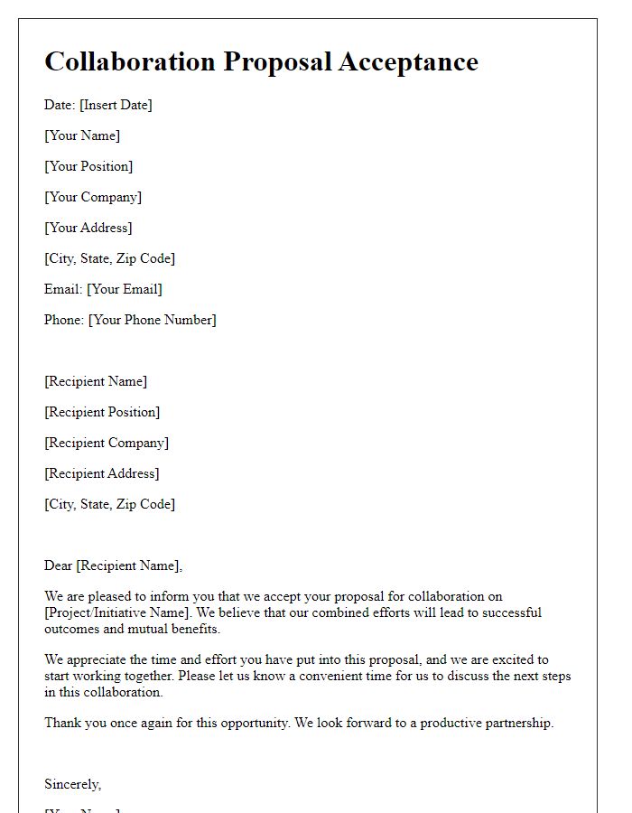 Letter template of acceptance for collaboration proposal.