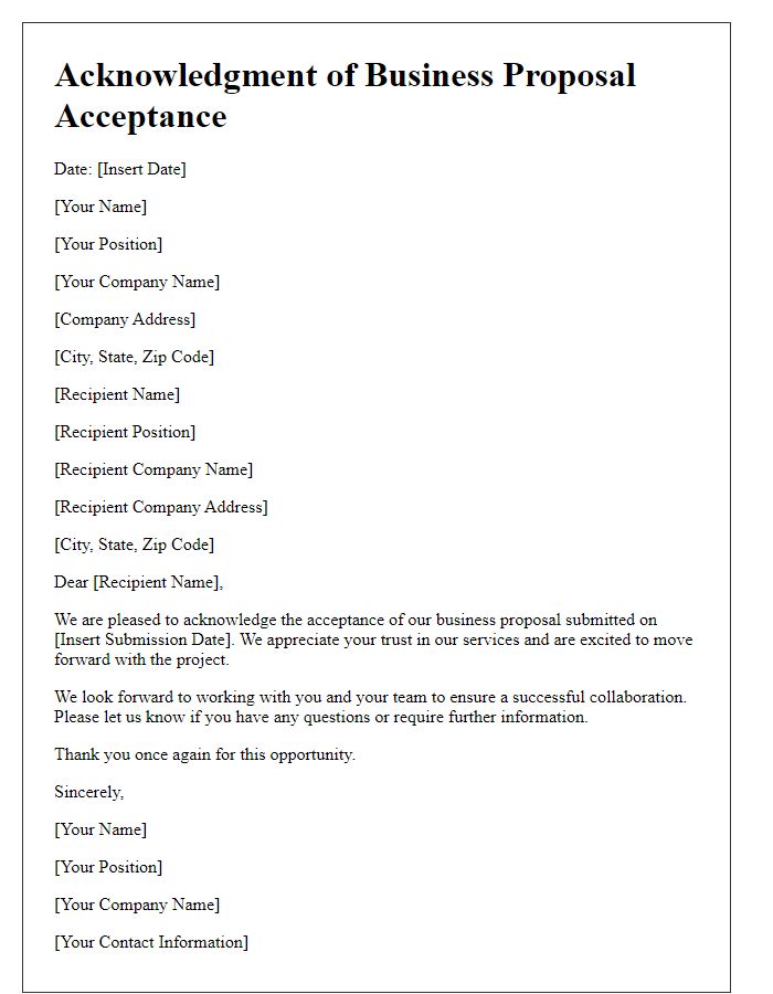 Letter template of acknowledgment for business proposal acceptance.