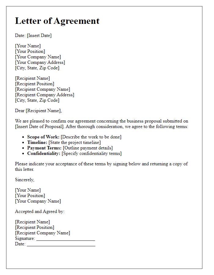 Letter template of agreement to business proposal terms.