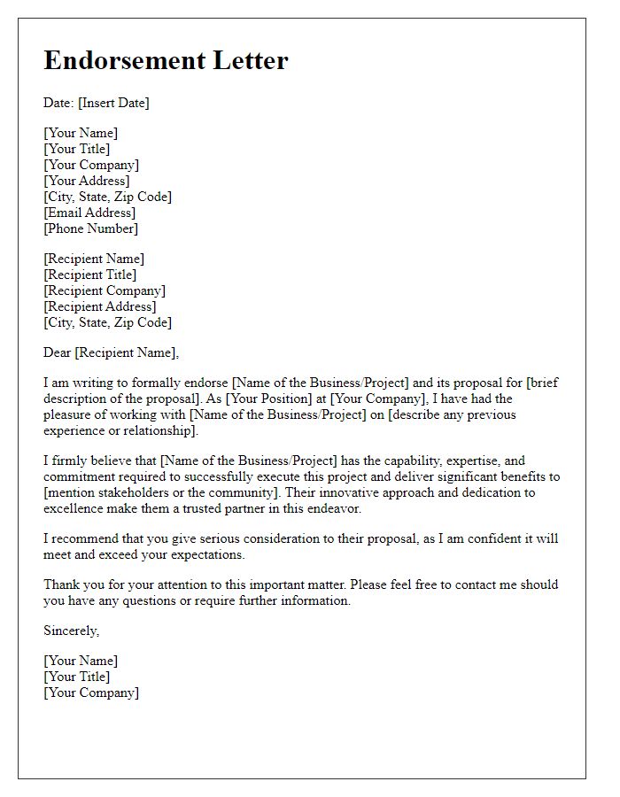 Letter template of endorsement for a business proposal.