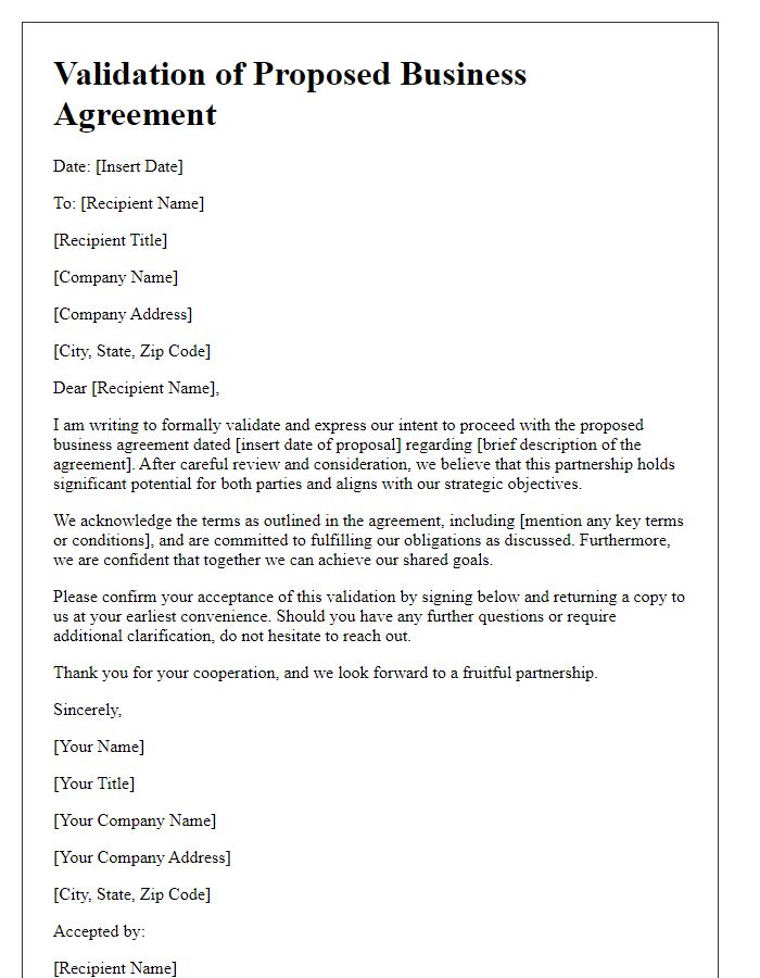 Letter template of validation for proposed business agreement.