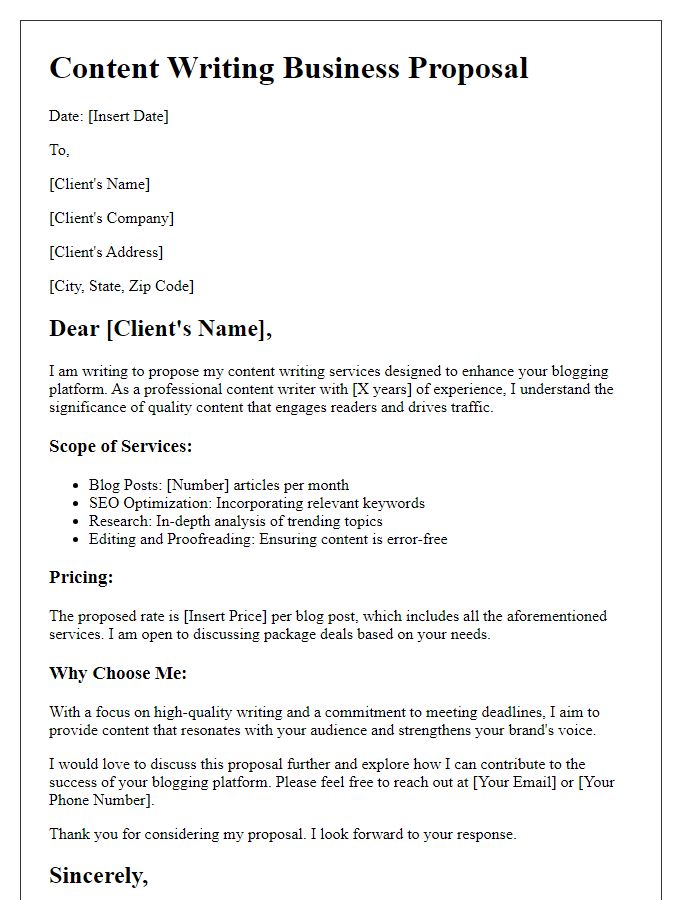 Letter template of a content writing business proposal for blogging platforms.