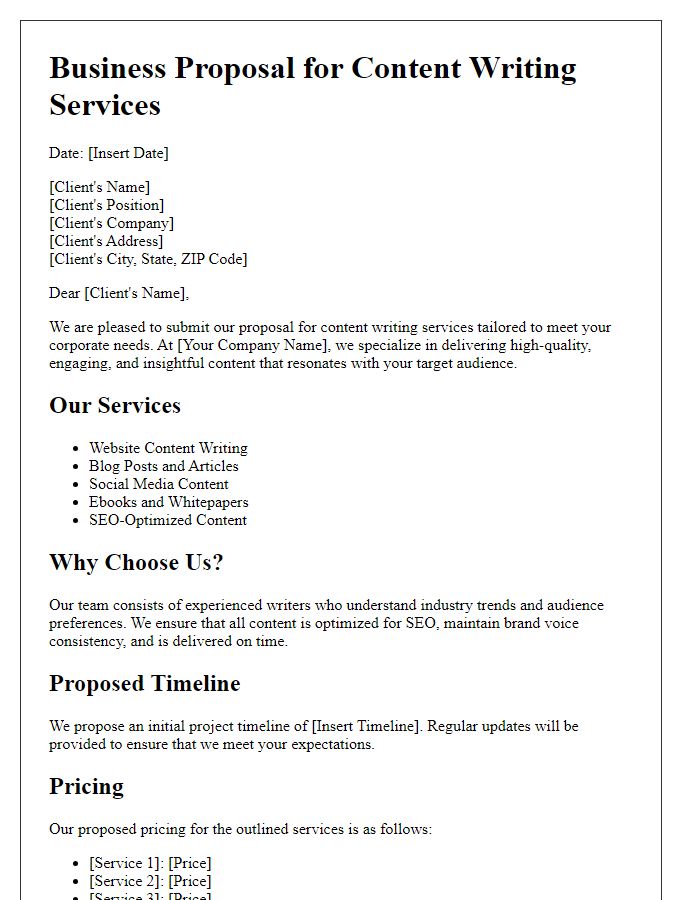 Letter template of a content writing business proposal for corporate clients.