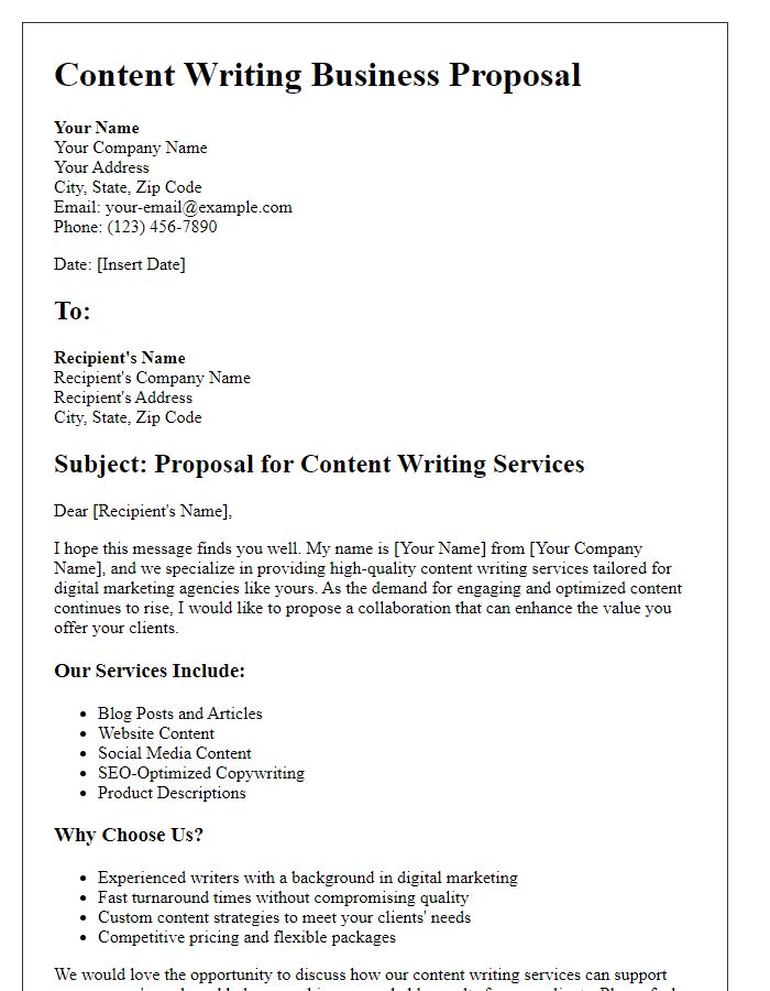 Letter template of a content writing business proposal for digital marketing agencies.