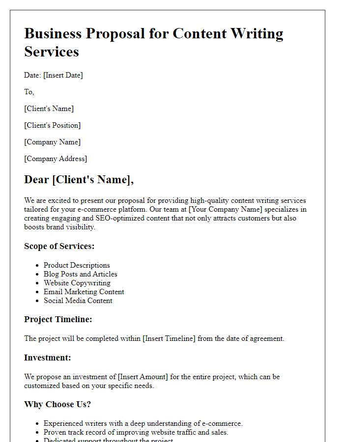 Letter template of a content writing business proposal for e-commerce websites.