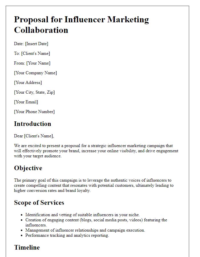 Letter template of a content writing business proposal for influencer marketing.