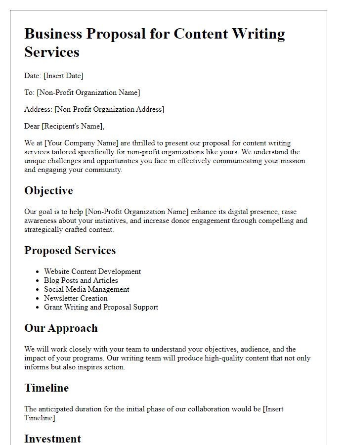 Letter template of a content writing business proposal for non-profit organizations.