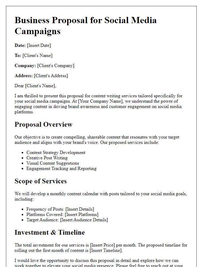 Letter template of a content writing business proposal for social media campaigns.