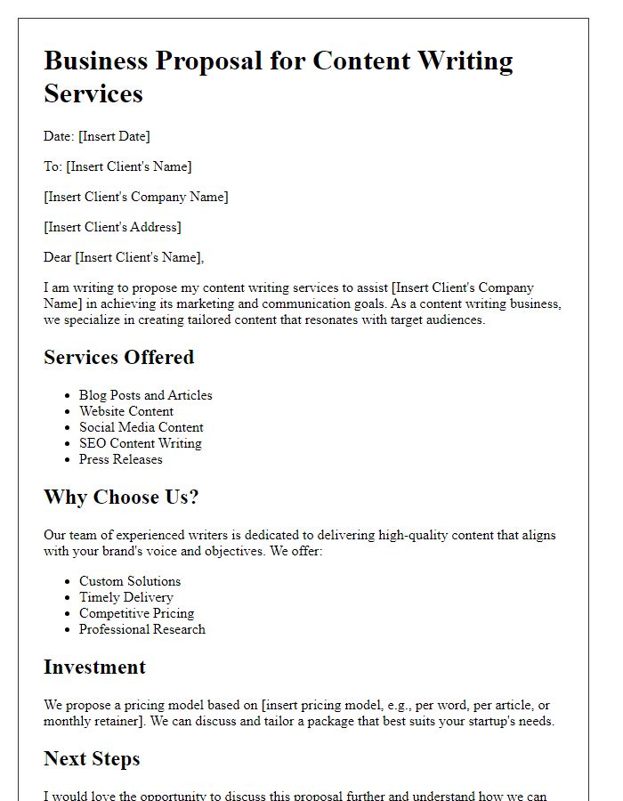 Letter template of a content writing business proposal for startups.